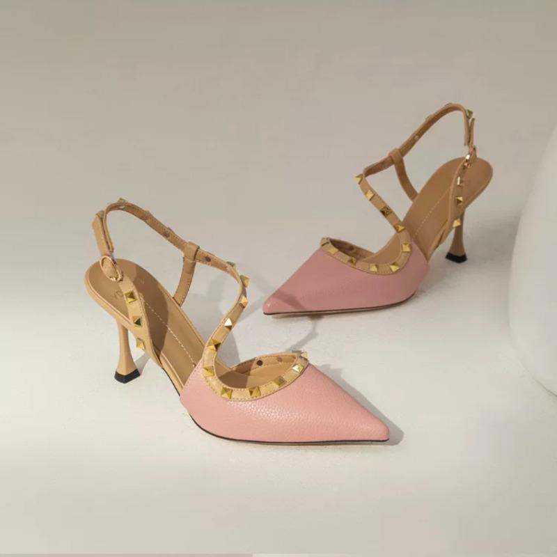 

Fashion Women s Baotou Sandals Summer New Pointed Head Shallow Mouth Rivets A Line with Anti-slip Wear-resistant Stiletto Heels 39 розовый
