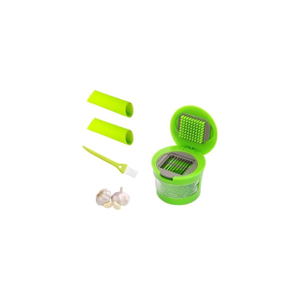 VARKAGE 4Pcs Garlic Chopper Set, Stainless Steel Garlic Press with Silicone Peeler and Cleaning Brush, Kitchen Vegetable Cutter