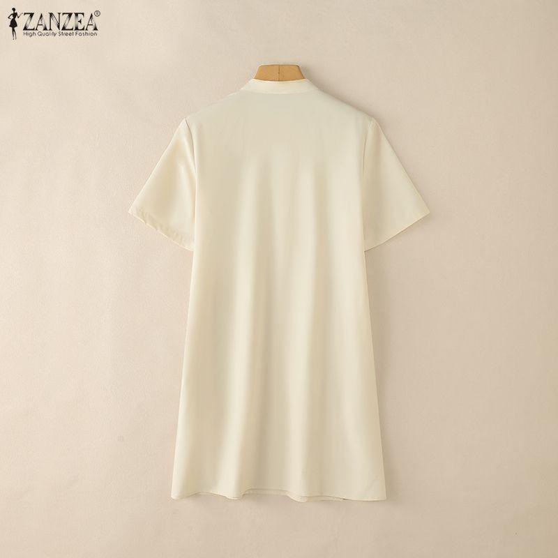 ZANZEA Damen Freizeit Stehkragen Sommer Kurzarm Kleid