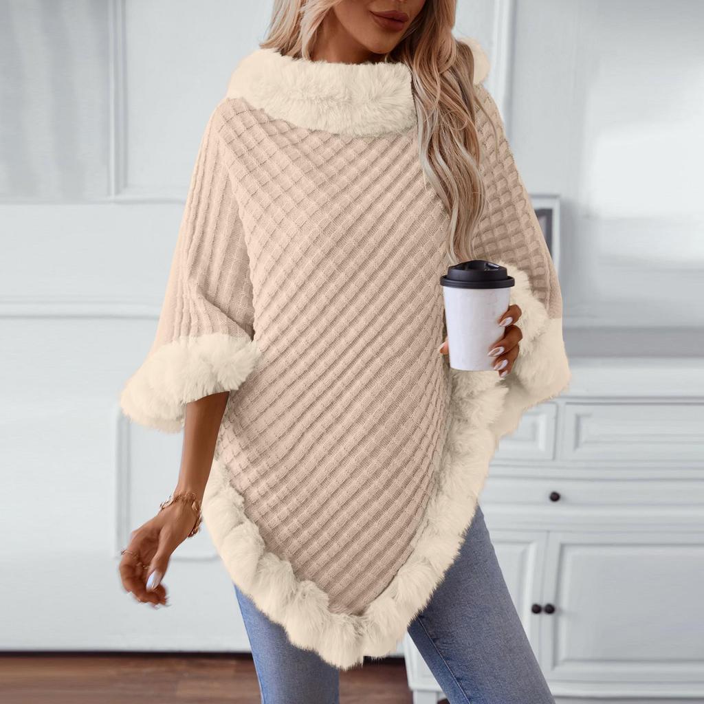 Women's Solid Color Wool Collar Pullover Sweater Thick Vintage Plaid Knitted Cloak Shawl For Party