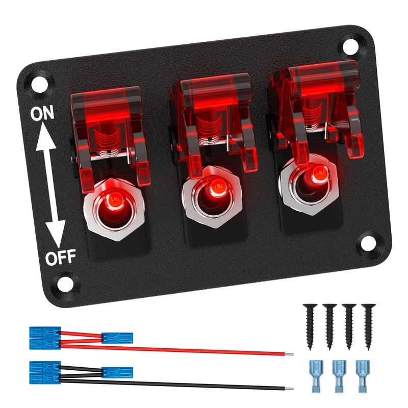 Toggle Switch 12V 3 Gang Universal Toggle Switch Panel DC 12V 20A LED Indicator Rocker Switch Aircraft Safety Cover for Boat