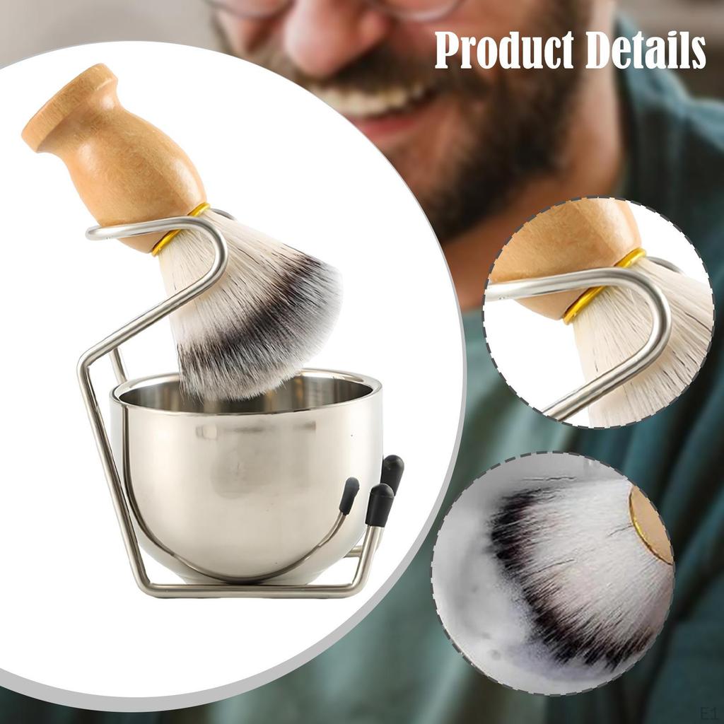 Men Shaving Brush Shave Cup with Stand 3 In 1 Kit Accessories Portable for Dad, Husband Stainless