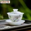 140ml Weißer Jade Porzellan Handbemaltes Gaiwan Antike Tee-Terrine Teeschale mit Deckel Set Teezubereitungsdeckelschale Cha Zubehör Geschenk