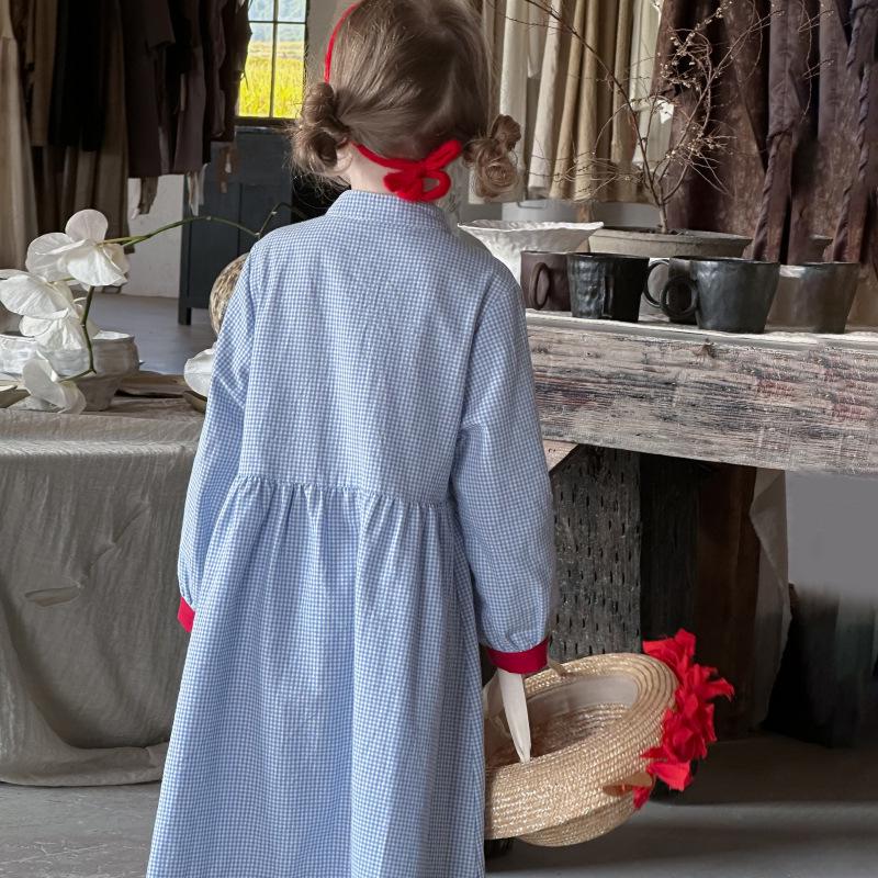 2025 Spring Korean Retro Plaid Knee-Length Dress with Buttons for Girls