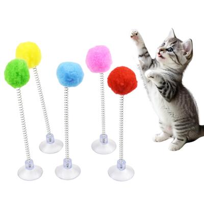 2Pcs Cat Spring Toy with Suction Cup Spring Plush Ball Cat Teaser Interactive Fluffy Pompom Cat Toy for Indoor Kitten Jumping Exercise