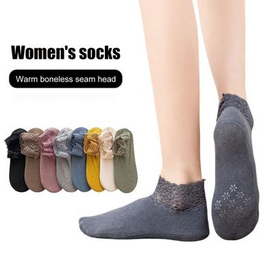 1 Pair Women Winter Socks Lace Trim Thickened German Velvet Short Type High Elasticity Anti-slip Floor Socks Comfort Warmth Sweat Absorption Socks