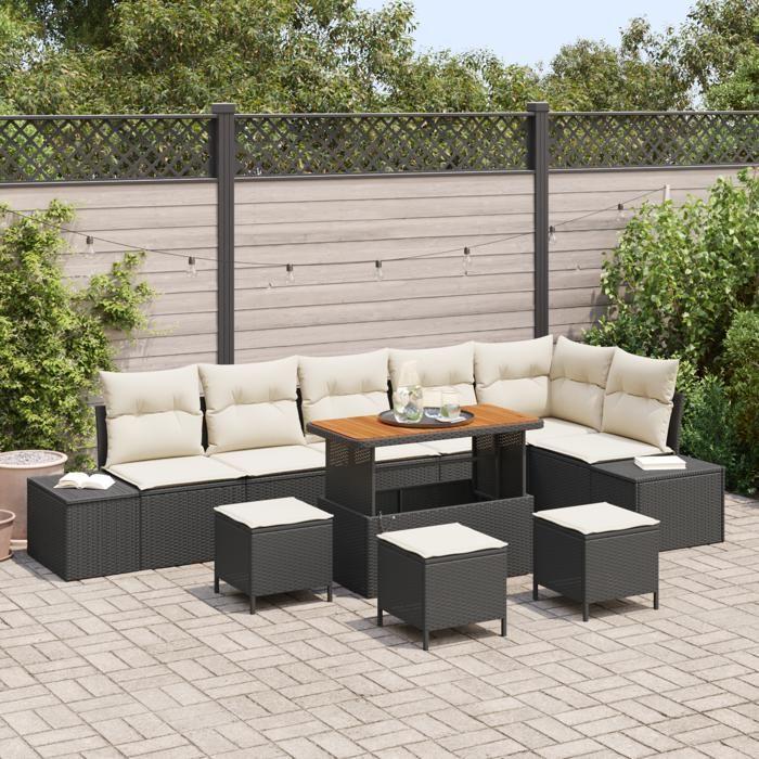 Ensemble de Canapés de Jardin vidaXL 10 Pièces avec Coussins Rattan Poly Noir, Canapé de Jardin Deux Places vidaXL362810
