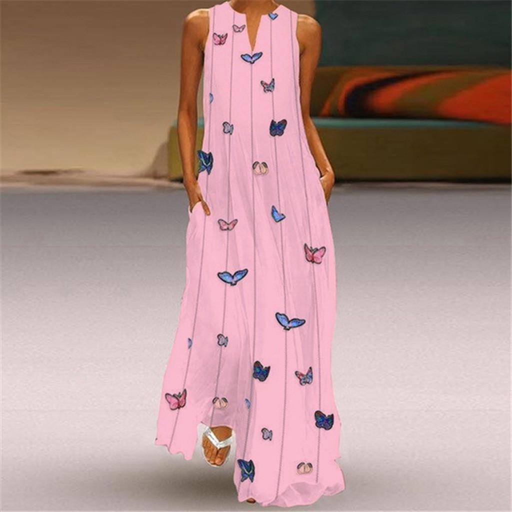Women Vintage Daily Casual Sleeveless Striped Butterfly Printed  Summer Dress