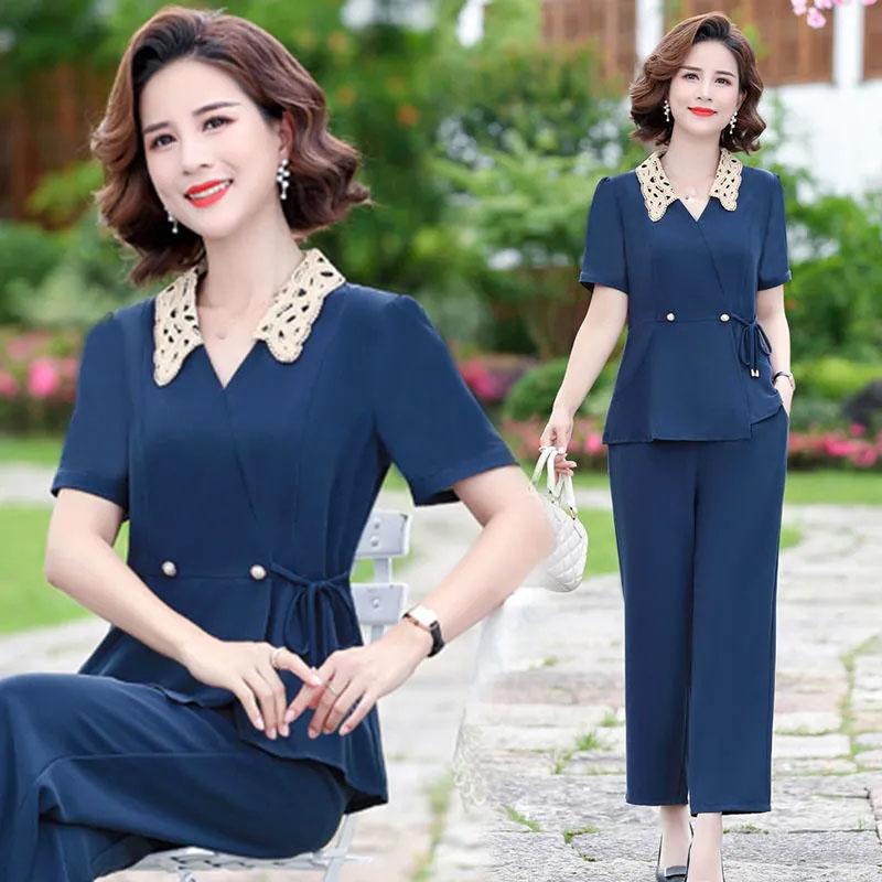 Solid Color Chiffon Suit Summer Office Lady Loose Casual Two-piece Short-sleeved Shirt + Loose Wide-leg Pants Summer