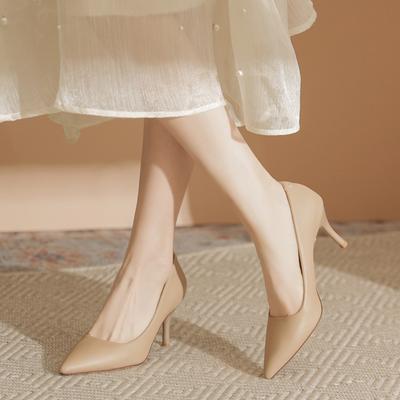 Women's Nude Pointed Toe Heels - 2026 Spring Autumn Low Stiletto, Comfortable Non-Tiring, French Hosting, Skirt-Match Single Shoes XCY42-Y5-8