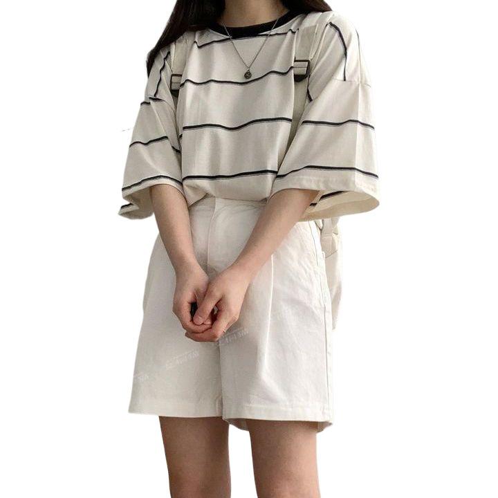 Women's Oversized Cotton T-Shirt: Trendy Korean Style, Short Sleeve, Mid-Length, Plus Size Summer Stripes.