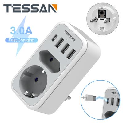 Tessan Adattatore di alimentazione multipresa UE con 1/2 prese CA 3 porte USB e 1 spina di tipo C Presa multipla a muro 6 in 1 per ufficio domestico