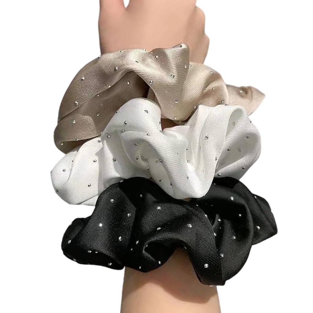 3PCS French Styles Rhinestones Scrunchie Elegant Ponytail Holder with Ruffle Fabric Fashion Hair Accessories for Women