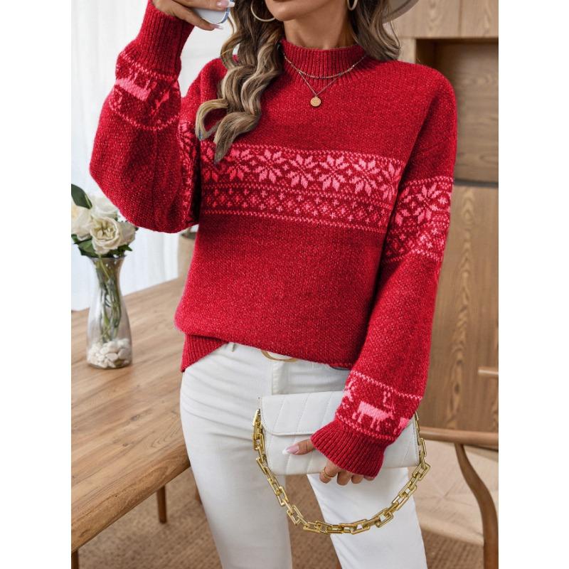 Women S Half High Neck Long Sleeve Knit Sweater Snowflake Jacquard Casual