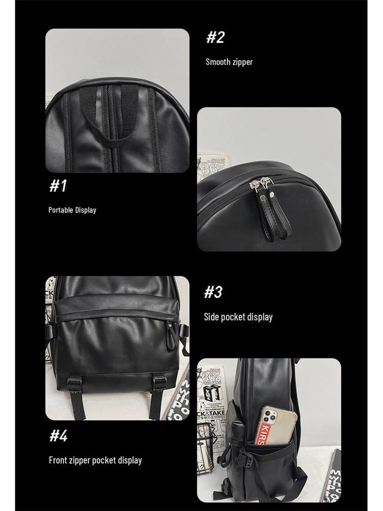 Trendy Men's PU Leather Backpack - Korean Style, Solid Color, for College Students