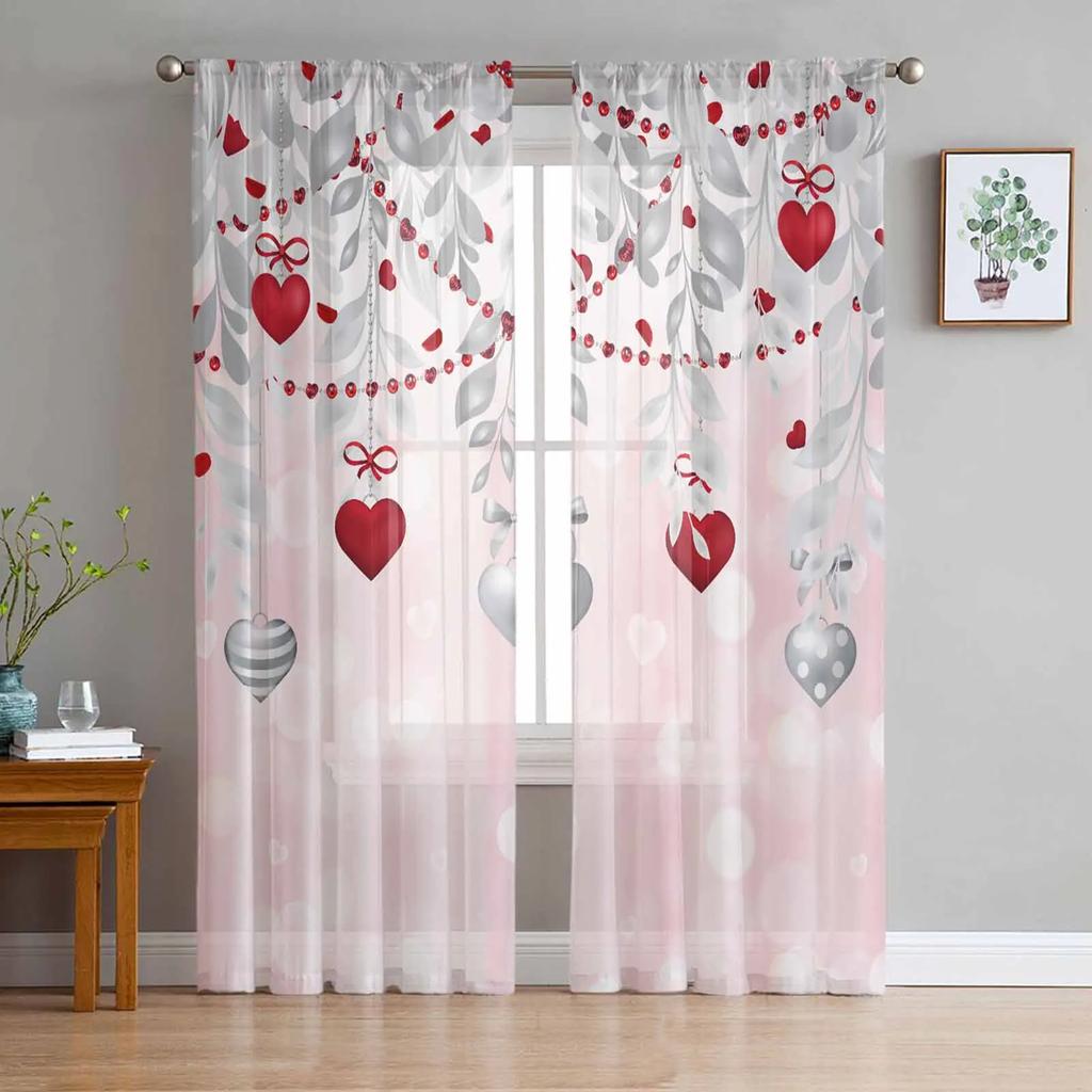 Valentine'S Day Pink Heart Sheer Drapes for Bedroom Living Room Decoration Window Curtain Kitchen Curtain Panels