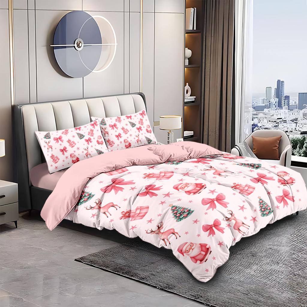 3pcs Pink Christmas Printed Chipless Bedding Set Bedroom Dormitory 1 Duvet Cover+2 Pillowcases Multi Size Machine Washable Set