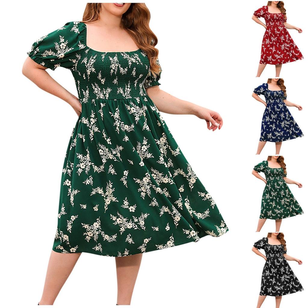 Women's Fashionable And Trendy Temperament Square Neck Short Sleeved Printed Dress In Plus Size