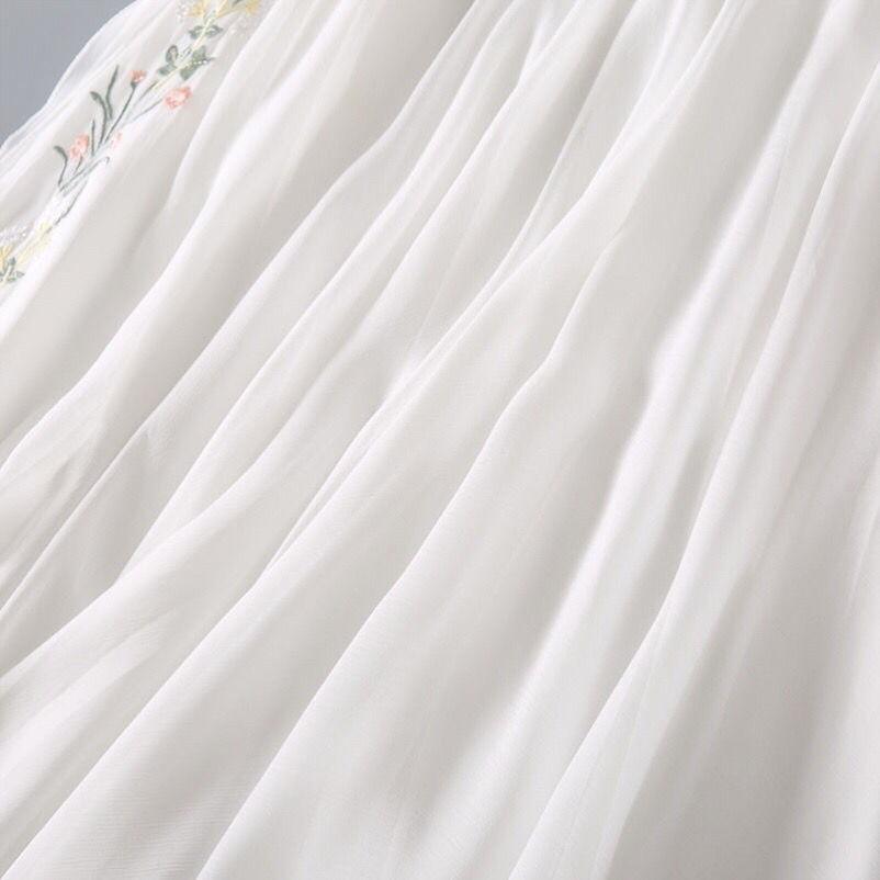 2024 Summer Women's Fairy Hanfu Dress with Embroidery and Frog Buttons - Retro Chiffon Midi Skirt.