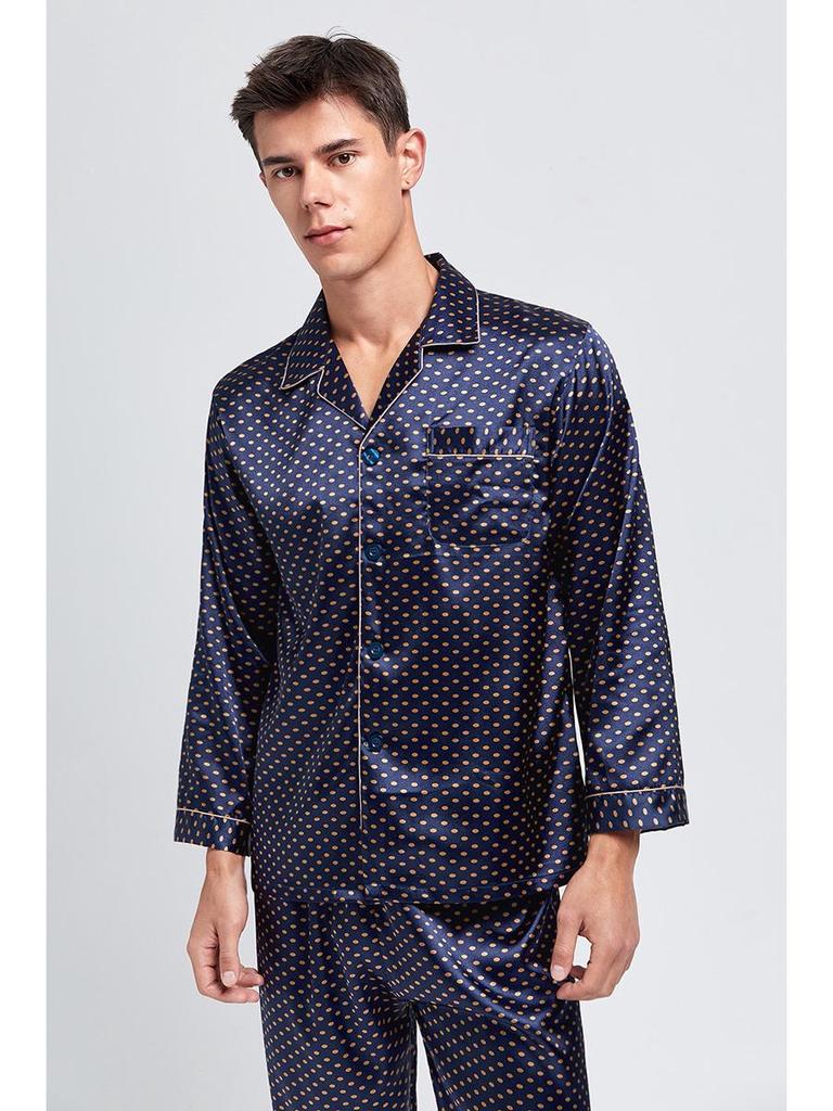 Men's Silk Print Pajamas Set - Long Sleeve Ice Silk Sleepwear for Spring/Summer, Plus Size Available