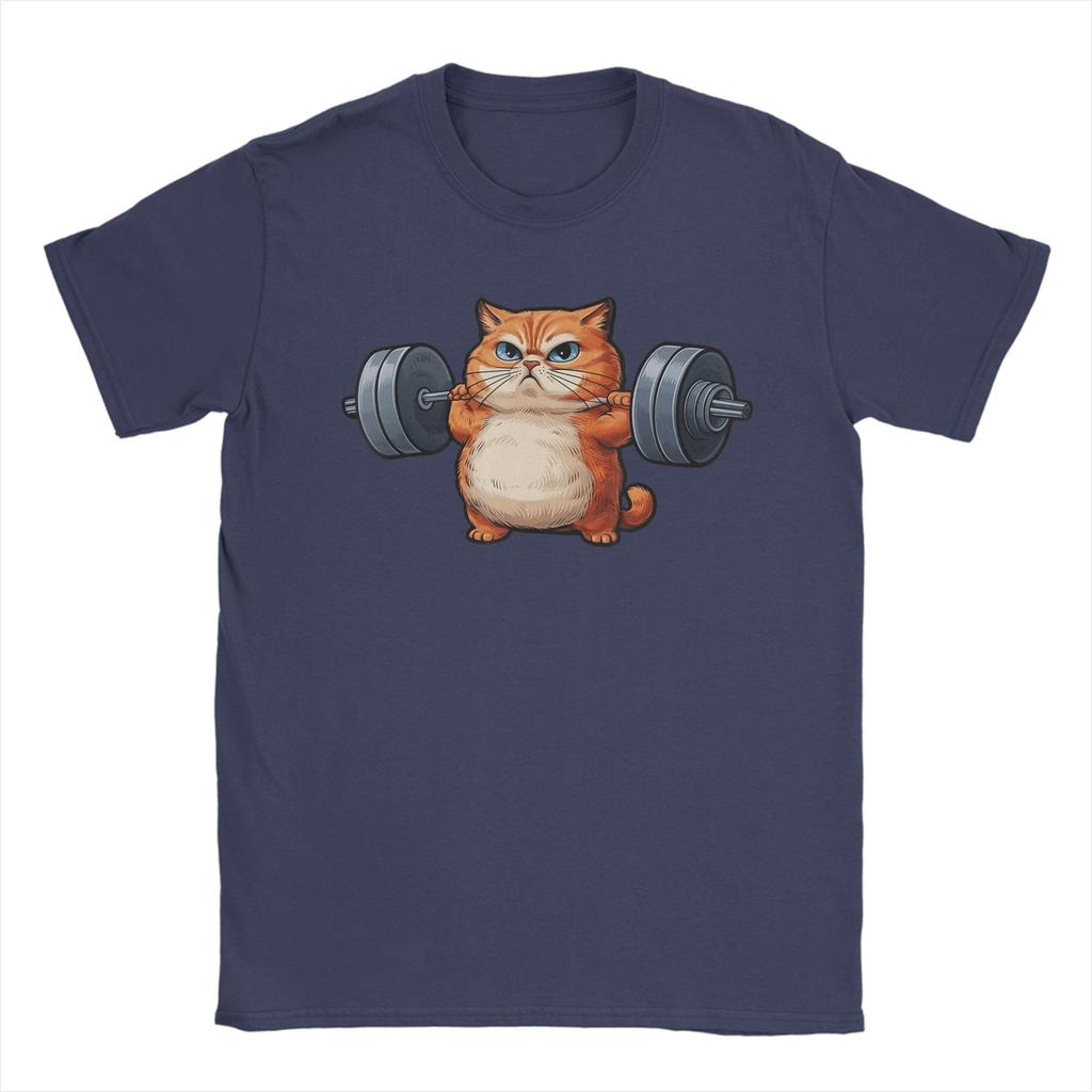 Cat Weightlifting T Shirts Men Cotton Awesome TShirt Crewneck Tees Short Sleeve Clothes Original