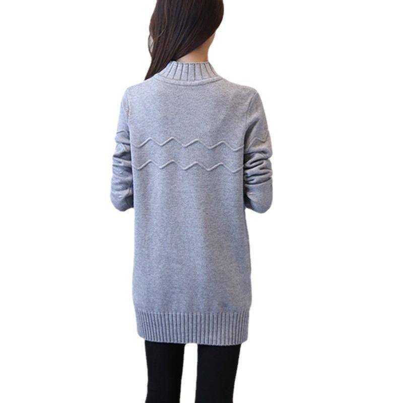 Semi-turtleneck autumn and winter pullover sweater medium and long loose long-sleeved bottoming shirt solid color knitted sweater women's clothing