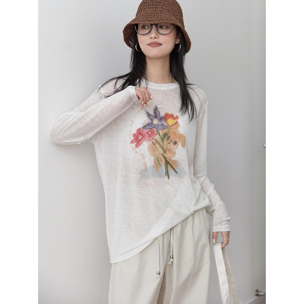 Retro printed Tencel sunscreen shirt women's summer light and slightly transparent long-sleeved T-shirt lazy loose air conditioner blouse white