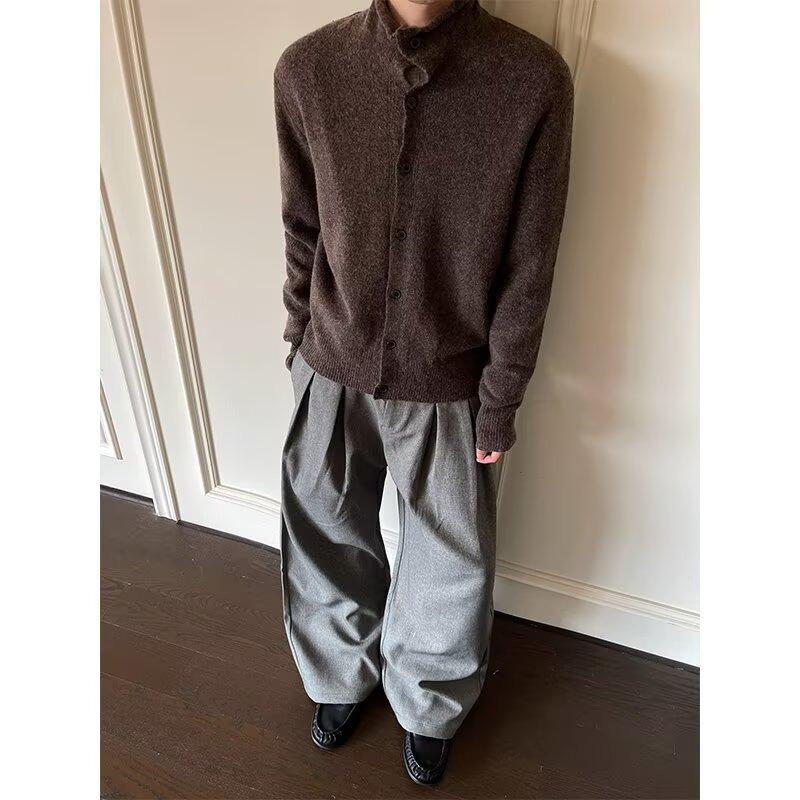 

Old Money Style Wool Blend Knit Sweater: Autumn/Winter Patterned, Half-High Collar, Relaxed Cardigan 2XL