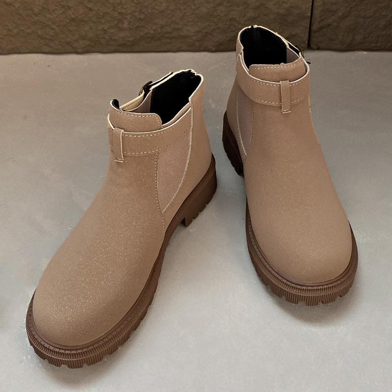 2024 Fashion Buckle Women's Boots Autumn Round Toe Solid Flock Short Barrel Shoes for Women Chunky Heels Large Size Naked Boots