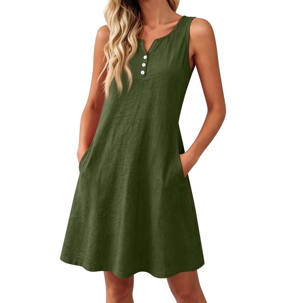 Summer Dresses Loose V Neck Sleeveless Sundresses Swimsuit Coverup With Pockets