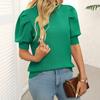 Women Knitting Tops Round Neck Puff Short Sleeve Solid Color Summer Tops