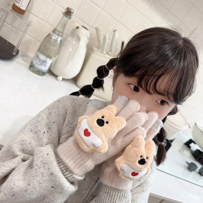 New Bear Children's Gloves Cute Cartoon High Value Warm and Cold-proof Finger Gloves Baby Plush Gloves
