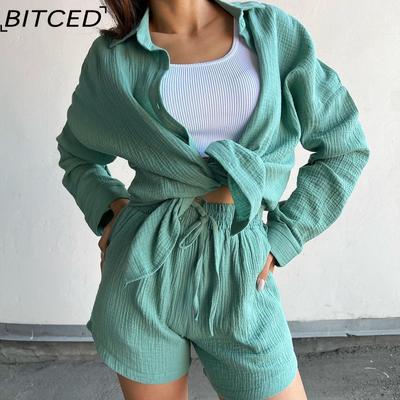 Long-sleeved Commuter Shirt Shorts Set for Women