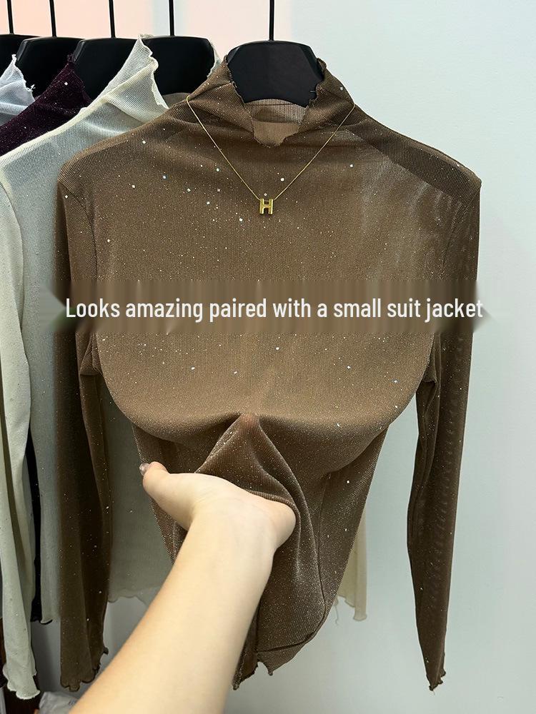 Purple Sequin Mesh High-Neck Long Sleeve Ruffle Lace Top - Women s Slimming Autumn/Winter Trendy Shirt Medium хаки