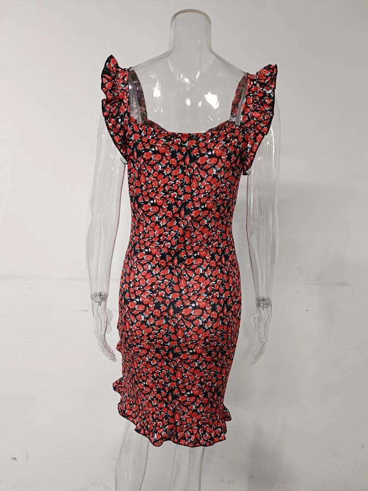 Summer Women Print Floal Butterfly Sleeve Dress Bodycon Ruffles V-neck Bandage Casual Short Sundress Female Beach Mini Strap Dress