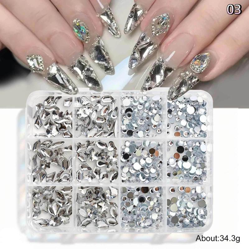 12 Grids Flat Bottom Mixed Nail Diamond 12 Color Nail Rhinestone Shiny Colorful Nail Gems Glass Stones Nail Charm