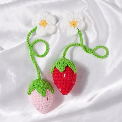 Knitted Car Rearview Mirror Hanging Ornament Car Interior Decoration Strawberry Pendant Daisy Lanyard Bag Pendant