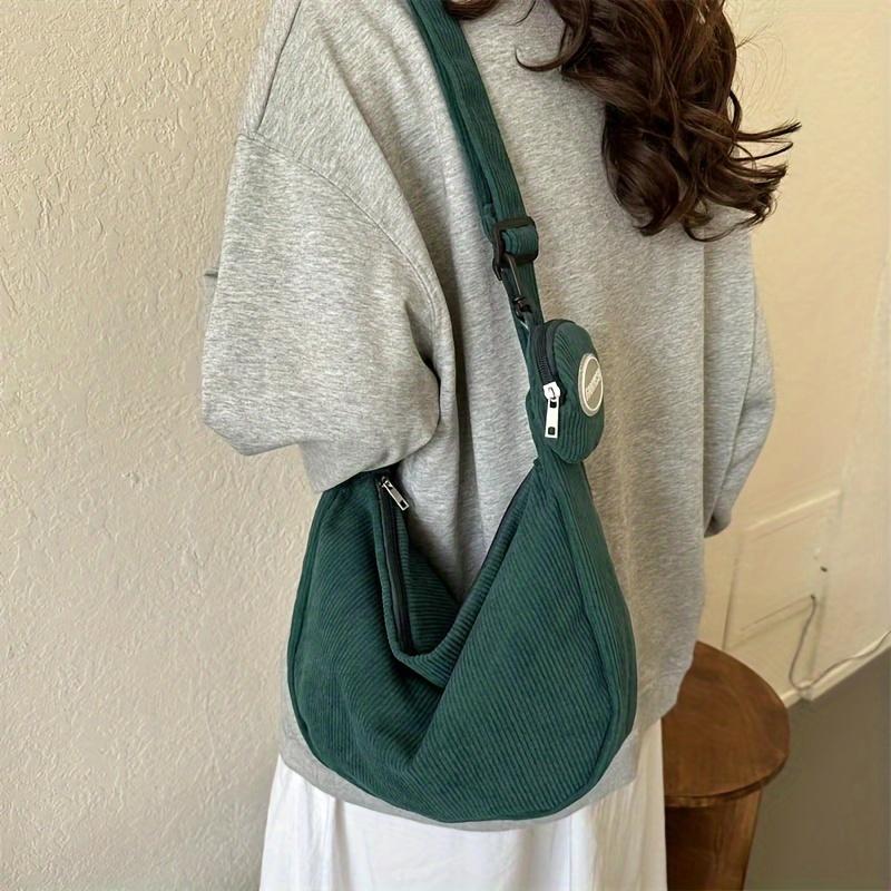 Large Capacity Corduroy Chic Crossbody Bag for Women - Adjustable Strap, Solid Color, Casual Dumpling Design with Zip Closure
