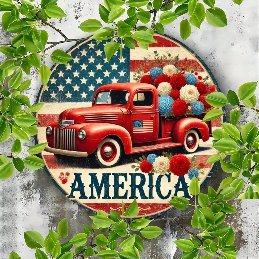 Vintage Red Truck Metal Sign Floral Wreath Decor Front Door Wall Art