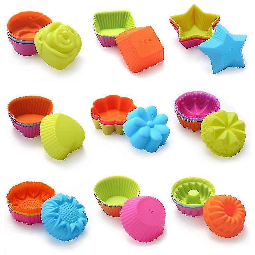 Silicone Muffin Baking Cups Pack of 36 Pieces Colorful Reusable 9 Shapes Silicone Mini Cupcake Molds, Nonstick Cupcake Liners Candy Molds Set DIY