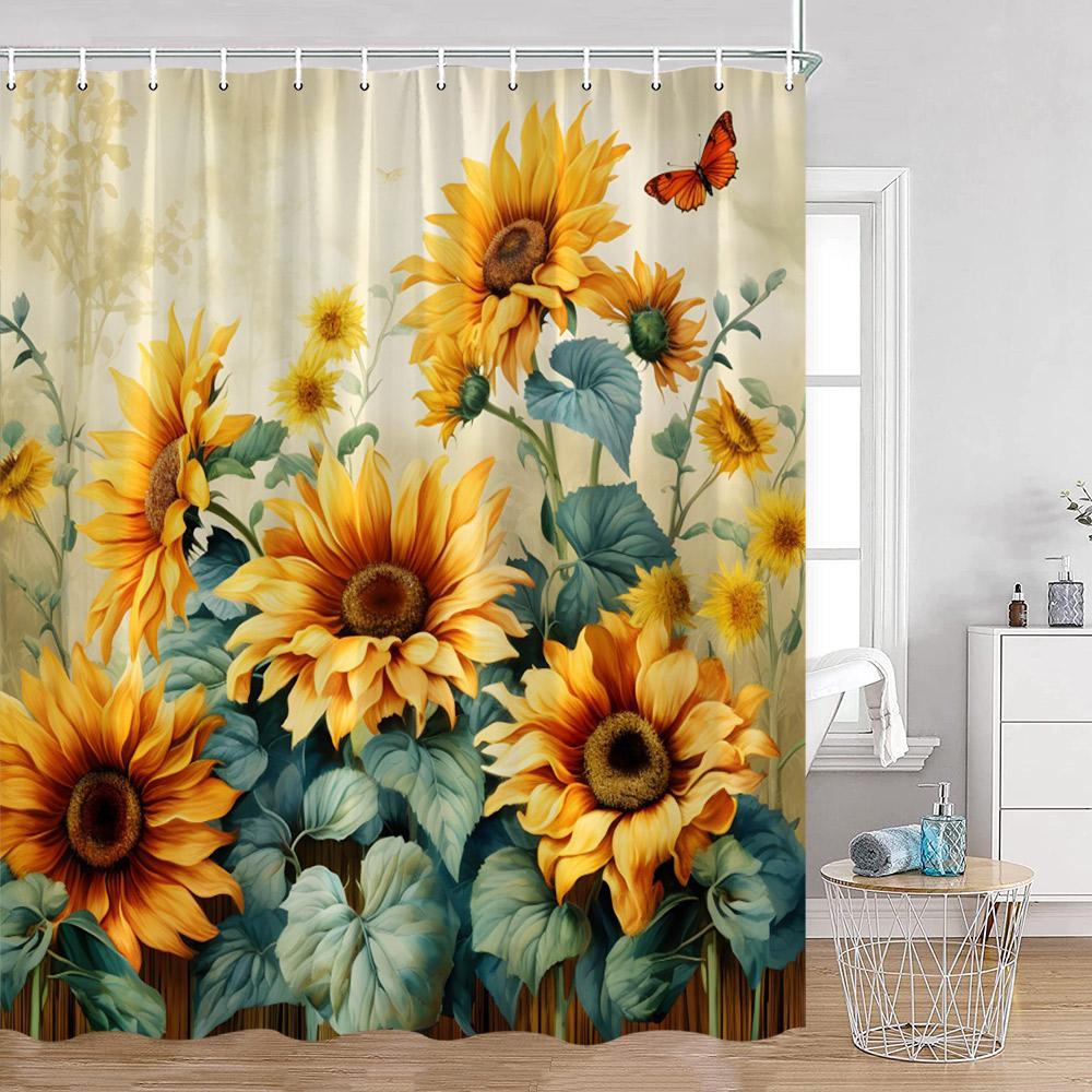 Sunflower Floral Shower Curtains Spring Plants Birds Butterfly Green Leaves Bathroom Curtain Modern Polyester Fabric Bath Decor