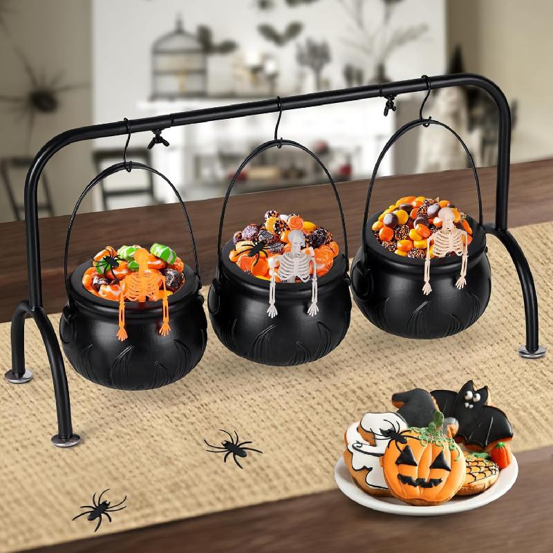 Halloween Decorations Indoor, Halloween Witches Cauldron Candy Serving Bowls On Rack, Black Plastic Cauldron with Skeletons