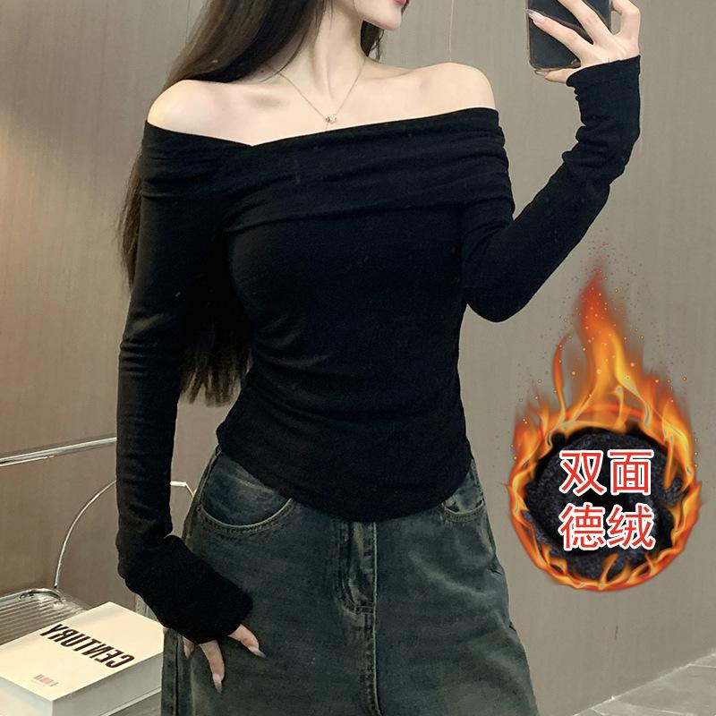 Frühling Herbst einfarbig sexy Mode Ein Wort Kragen T-Shirt Damen Langarm schulterfrei Pullover T-Shirt Oberteil