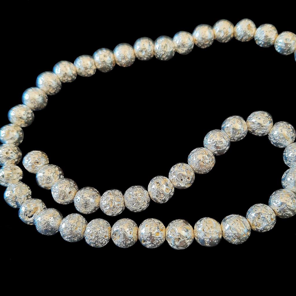 Strand of 60 Round Beads 6mm 6 Mm In Tinted Silver Lava Stone