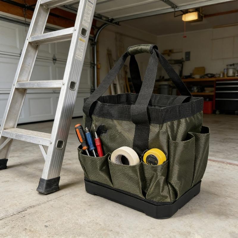 Heavy Duty Fabric Tool Storage Bag With Reinforced Plastic Base & Handle For Garden Home Repair Tool Box Holder