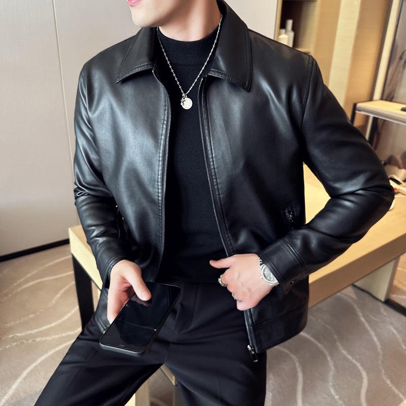Men's Trendy Stand Collar Motorcycle Jacket - Windproof PU Leather, Slim Fit, Autumn Style