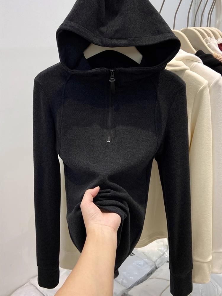 Plain Color Double Sided Fleece Hoodie For Women With Zippered Design For Casual Winter Wear