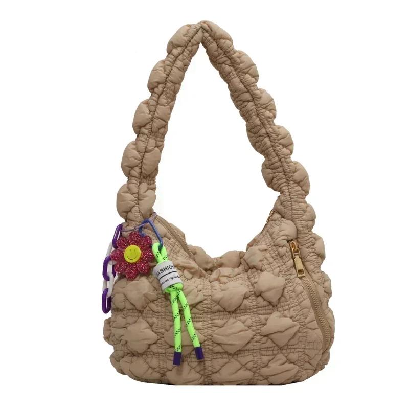 Hobo axelväska med dragkedja mångsidig modeväska enkel pendelformad crossbody-väska mjuk bomull monokrom