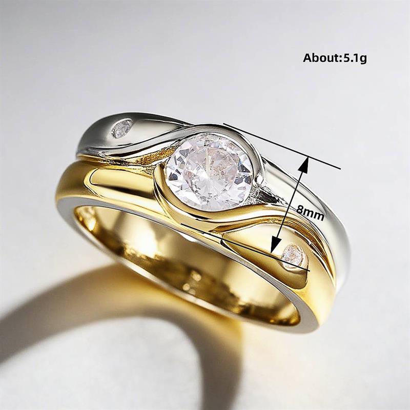 Huitan Women Two Tone Ring Inlaid Bright Round Cubic Zirconia Vintage Accessories Party Daily Simple Style Lady Trendy Jewelry