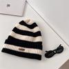 Winter Warm Woolen Women's Slouchy Hat: Thickened Korean-Style Striped Knit for Large Heads, Slimming Effect